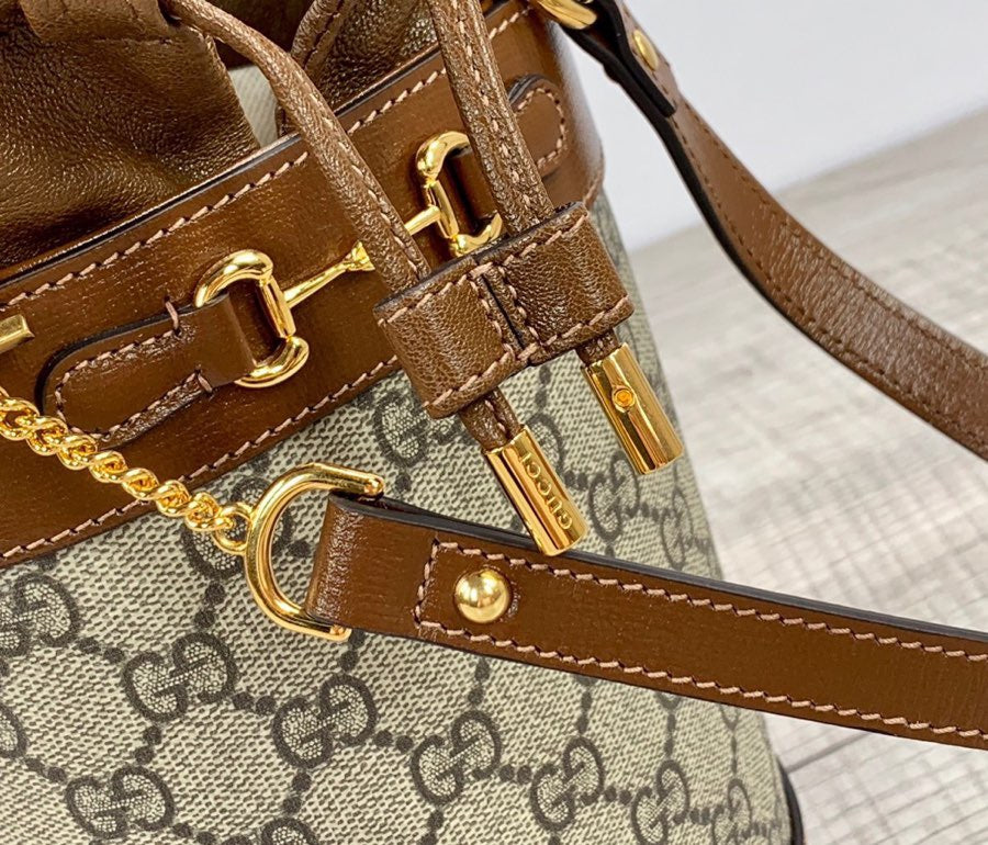 gg Horsebit gg Supreme 7.5in Canvas Brown Small Bucket Bag