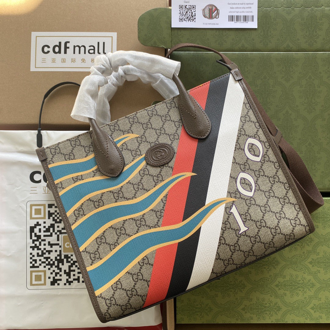 gg Geometric Print Ebony gg Canvas Beige Medium Tote Bag