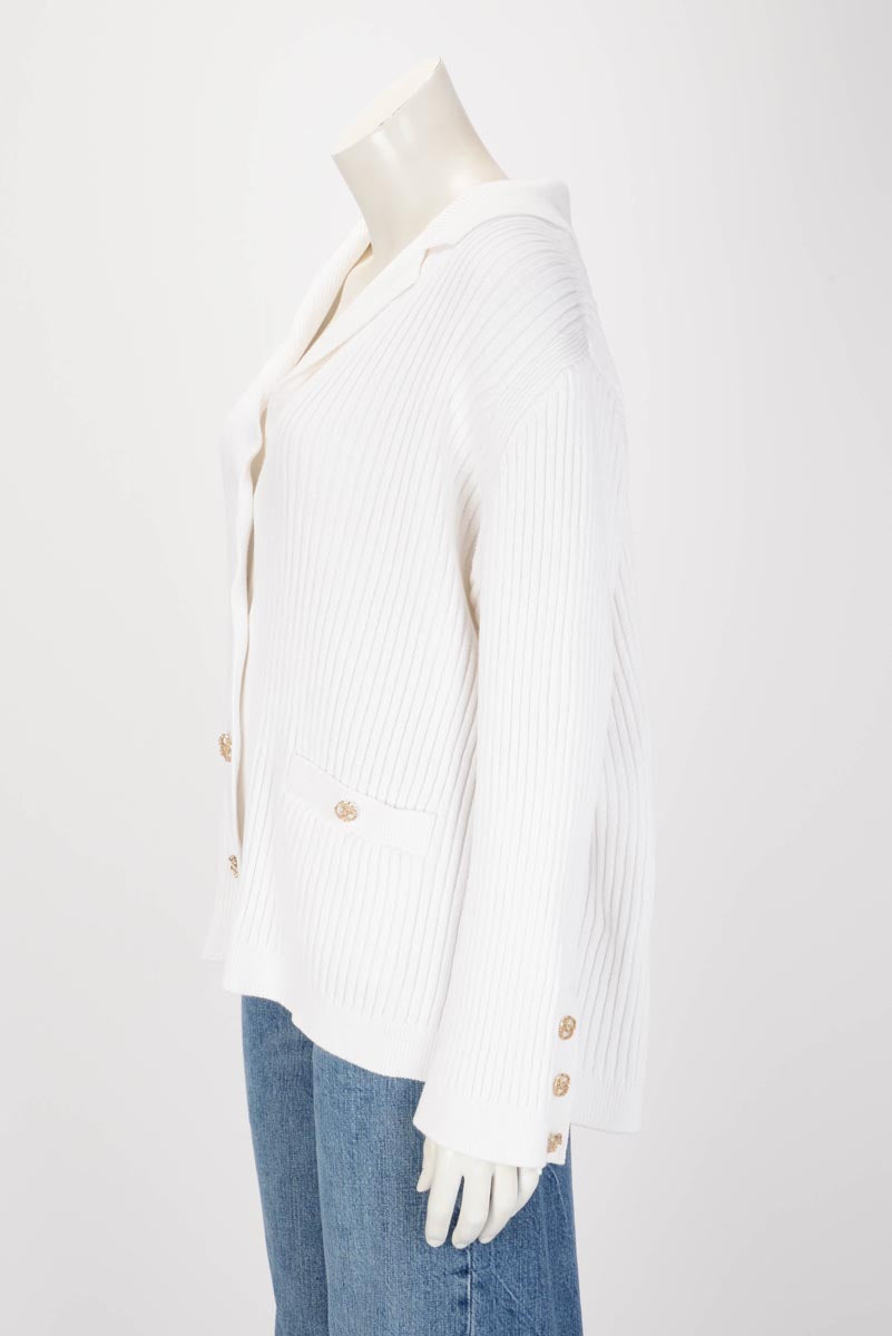 Chanel White Ribbed Cotton CC Long Cardigan FR 50 Apparel
