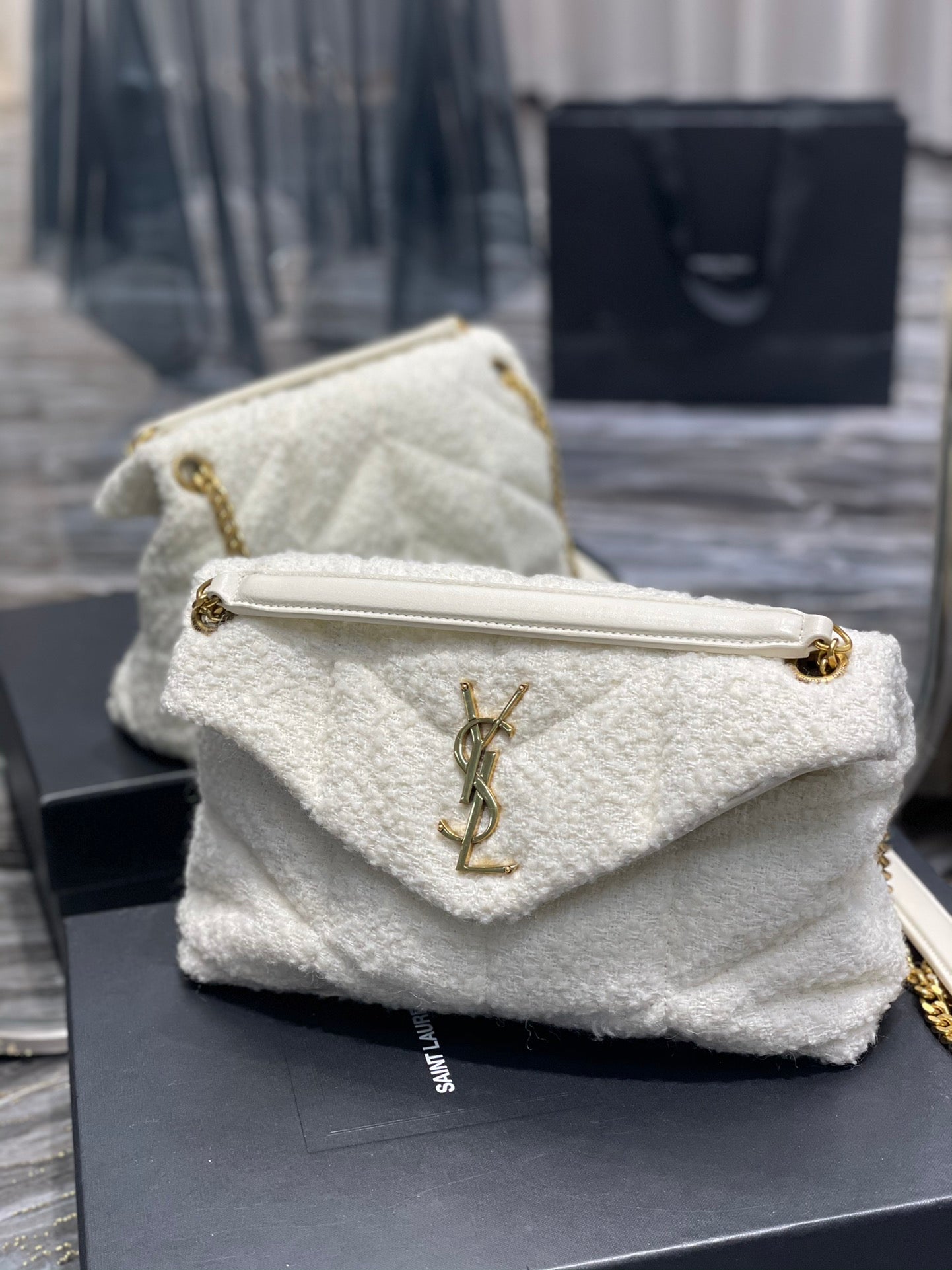 YSL Saint Laurent Puffer , ’s 11in 29cm White Small Chain Handbag