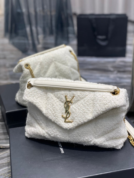 YSL Saint Laurent Puffer , ’s 11in 29cm White Small Chain Handbag