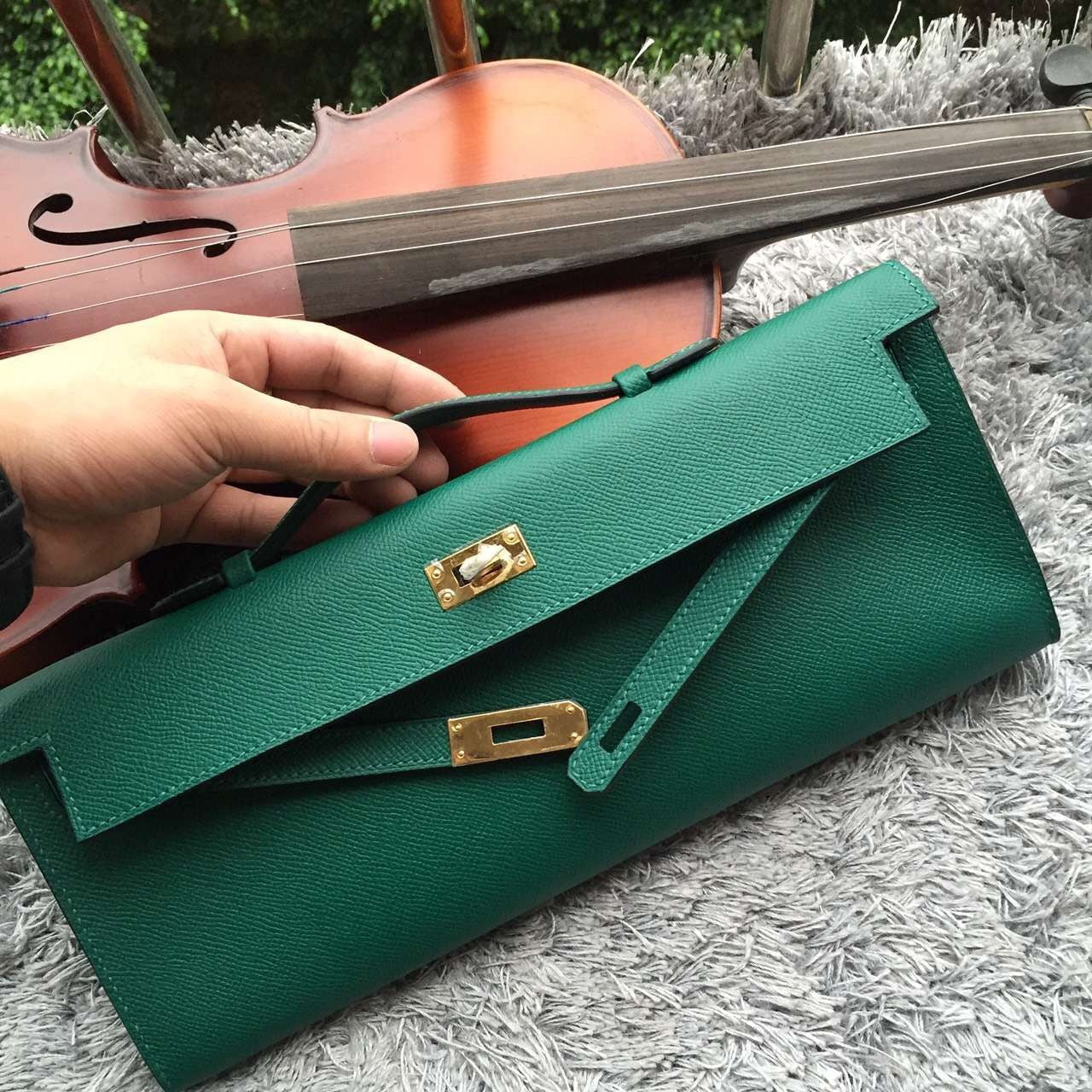 Hermes Luxury Handcrafted Kelly Cut Clutch Handbag Green Clutch Bag