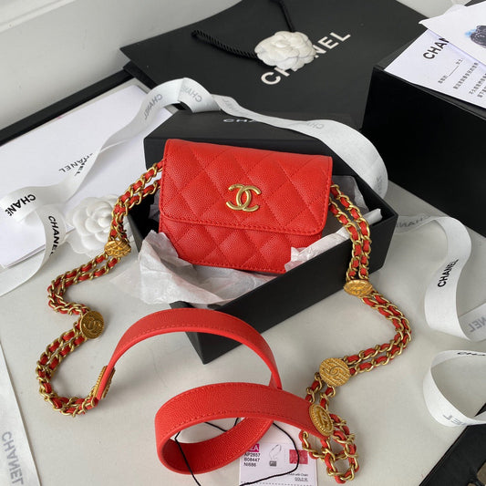 Chanel Clutch With Hardware Grained Shinny For Women Red Gold Shoulder Bag