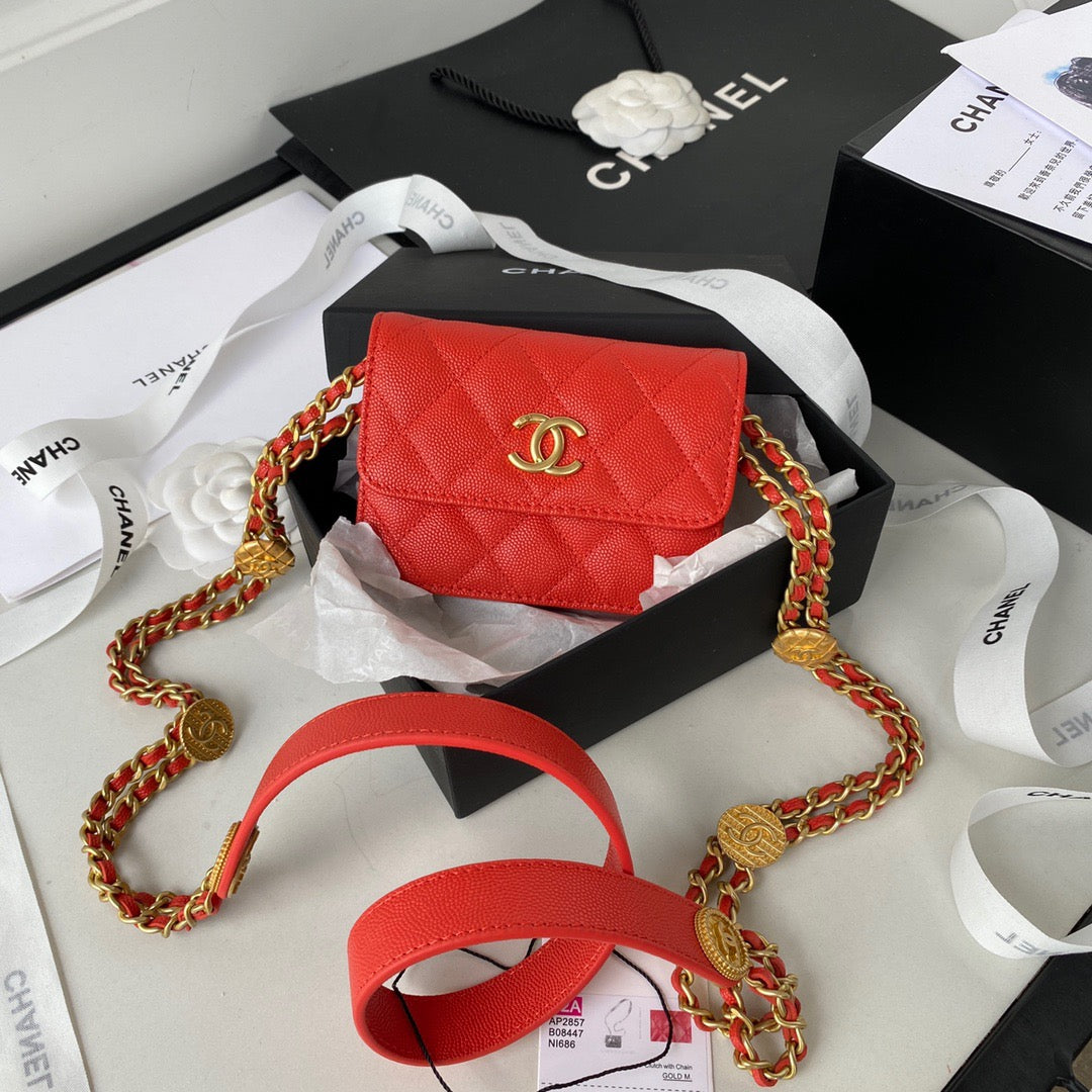 Chanel Clutch With Hardware Grained Shinny For Women Red Gold Shoulder Bag