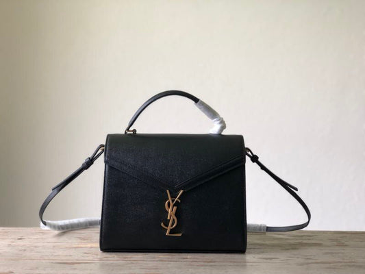YSL Saint Laurent Cassandra Embossed 9in 25cm Grain De Poudre Black Medium Top Handle Handbag