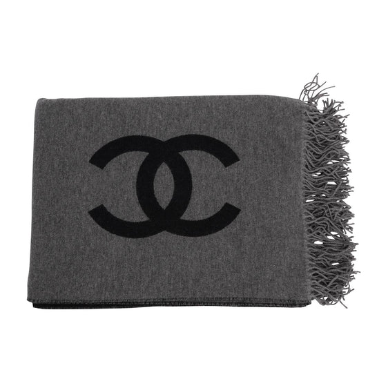 Chanel Black & Charcoal Wool Cashmere CC Throw Accessory