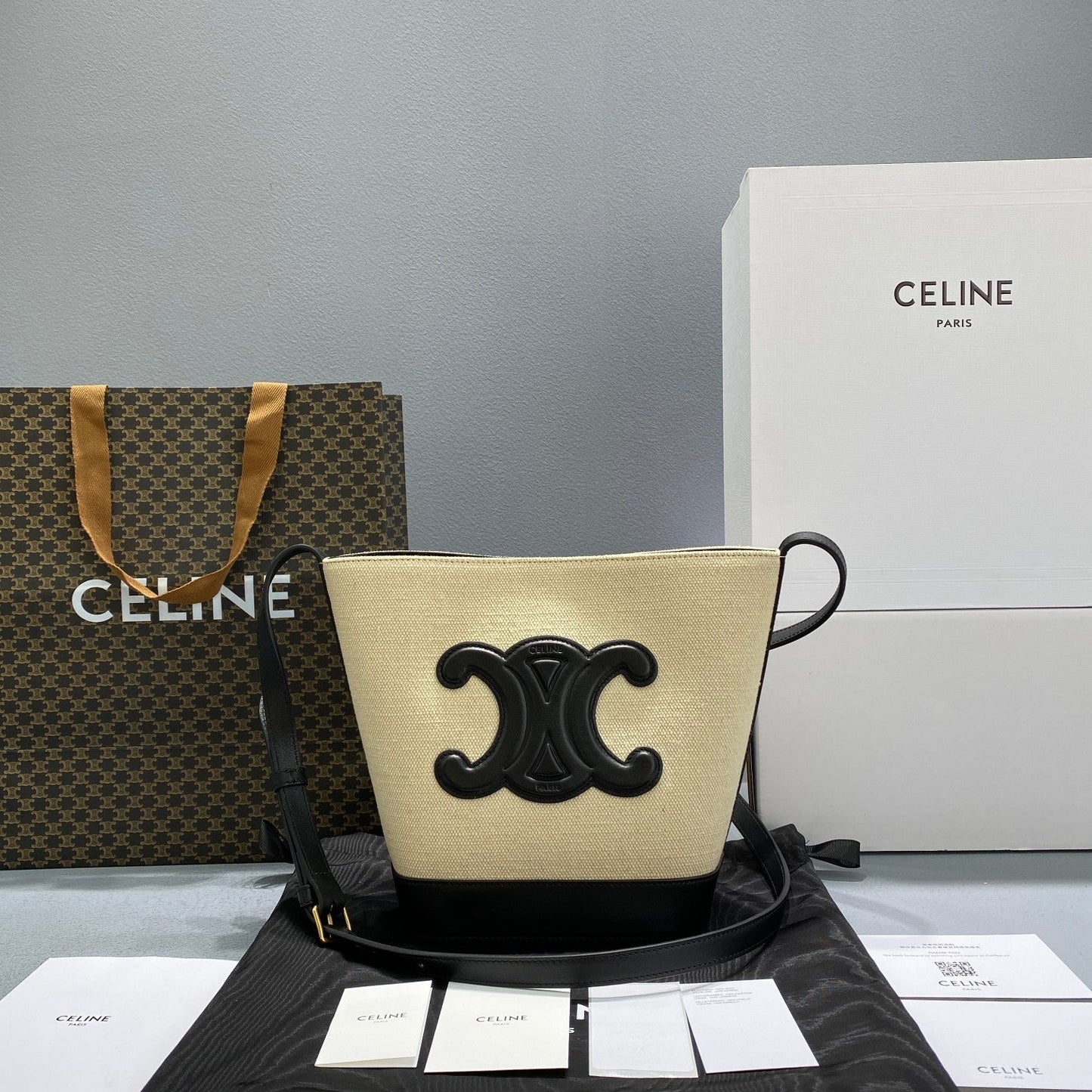 Top Quality Bucket Cuir Triomphe In Textile Black Beige Bucket Bag 9In22Cm 6936