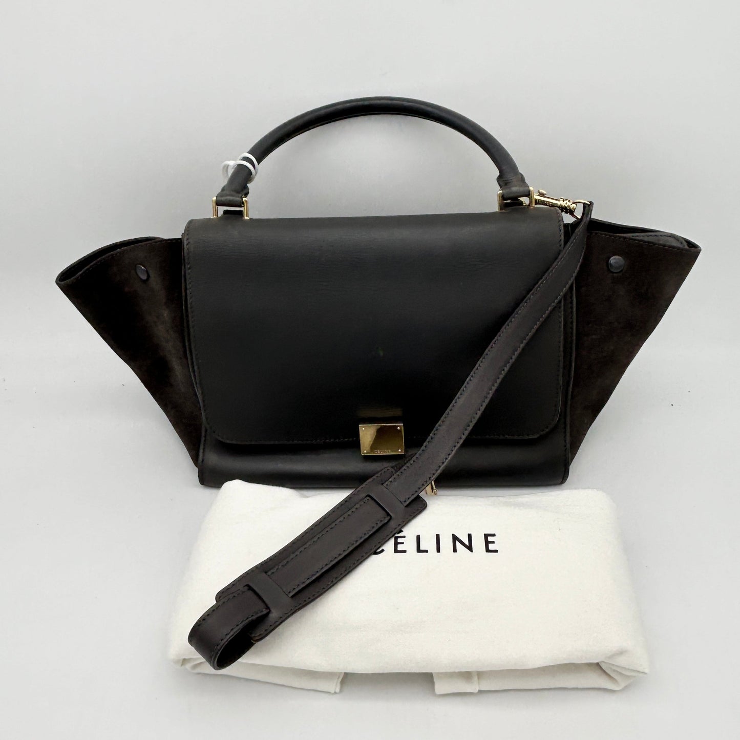 Luxury Smooth Calfskin Trapeze Bag Dark Grey Suede Medium Travel Bag