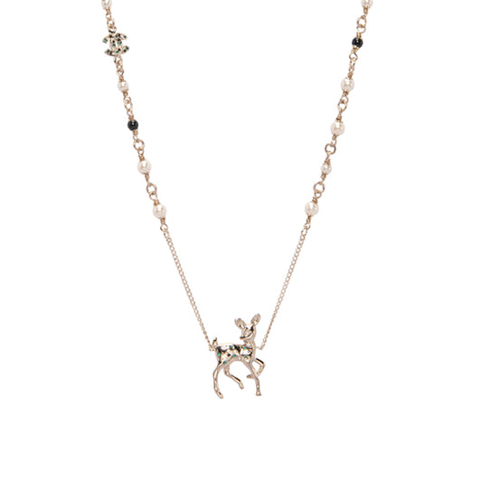 Chanel Light Gold Pearl & Crystal Doe Pendant Necklace