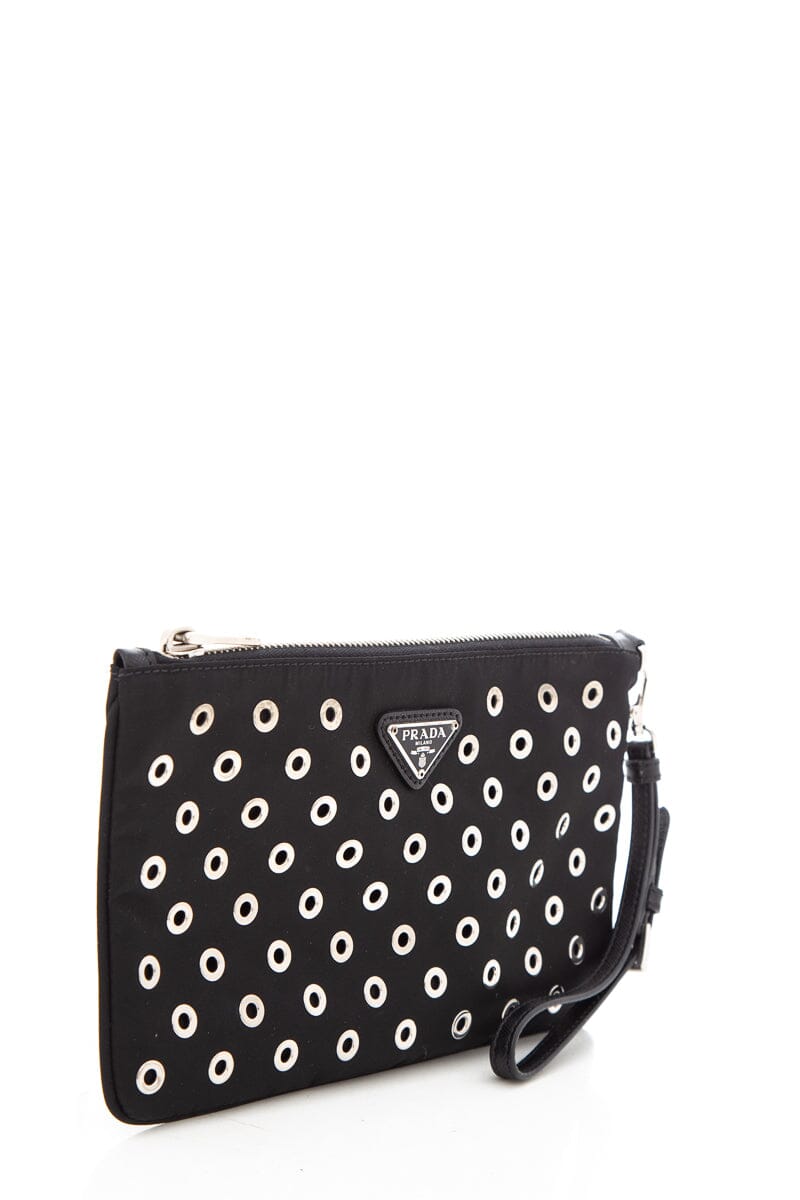 Prada Grommet Studded Pouch Luxury Handbag Black Silver Clutch Bag