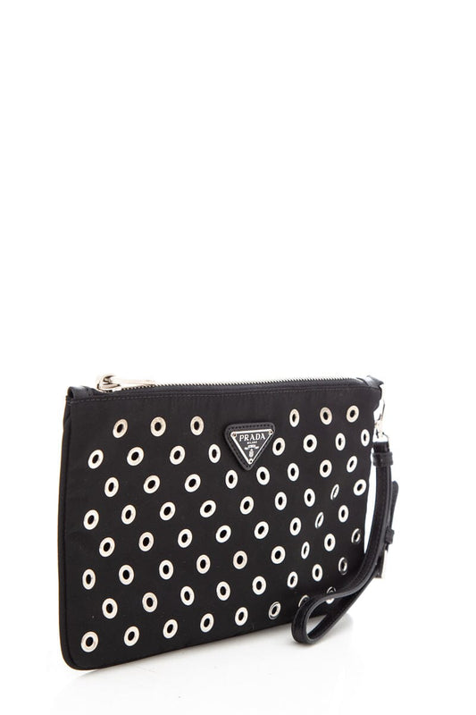 Prada Grommet Studded Pouch Luxury Handbag Black Silver Clutch Bag