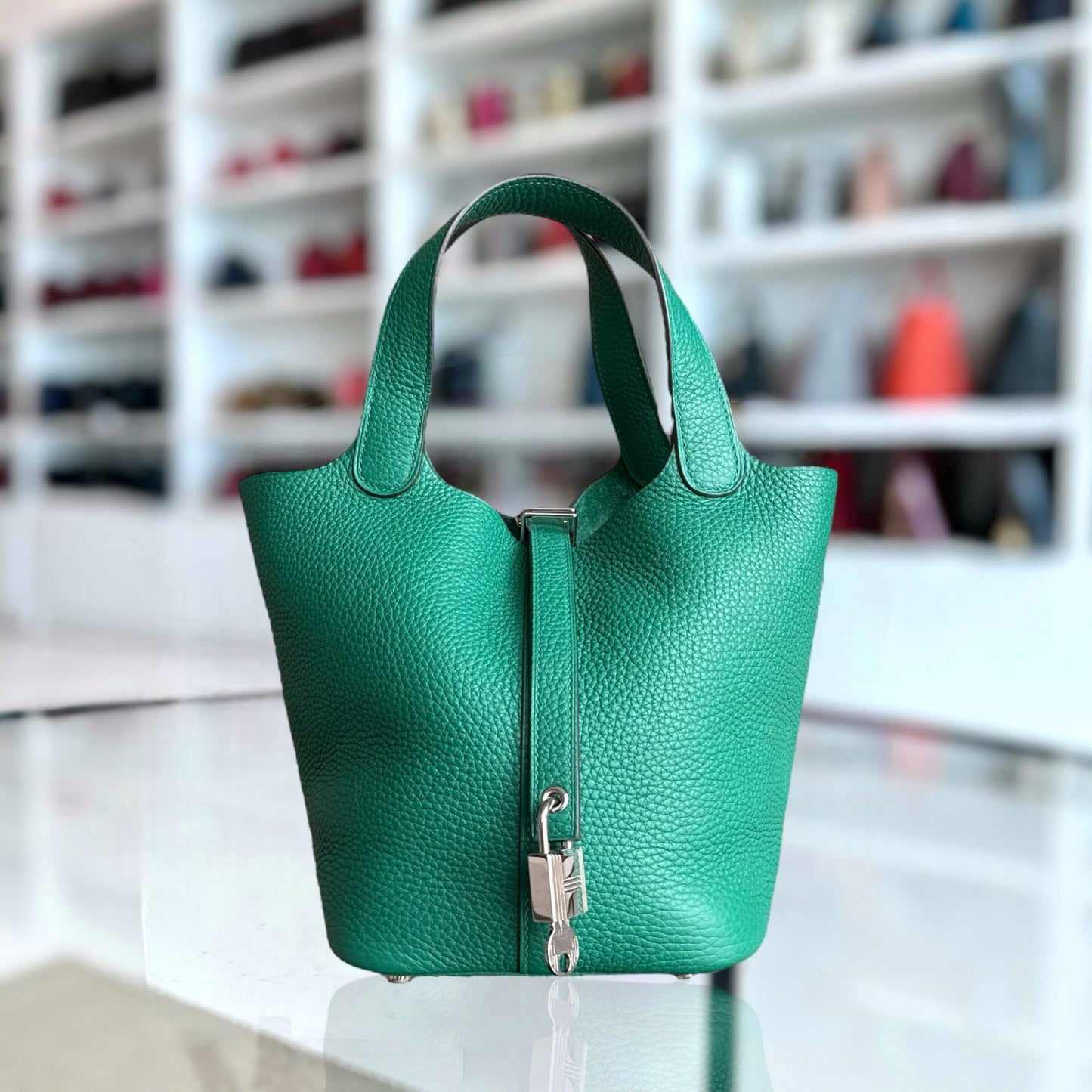 Hermes Picotin Bambou Vert Vertigo Clemence Hardware Handbag Leather Silver Travel Bag