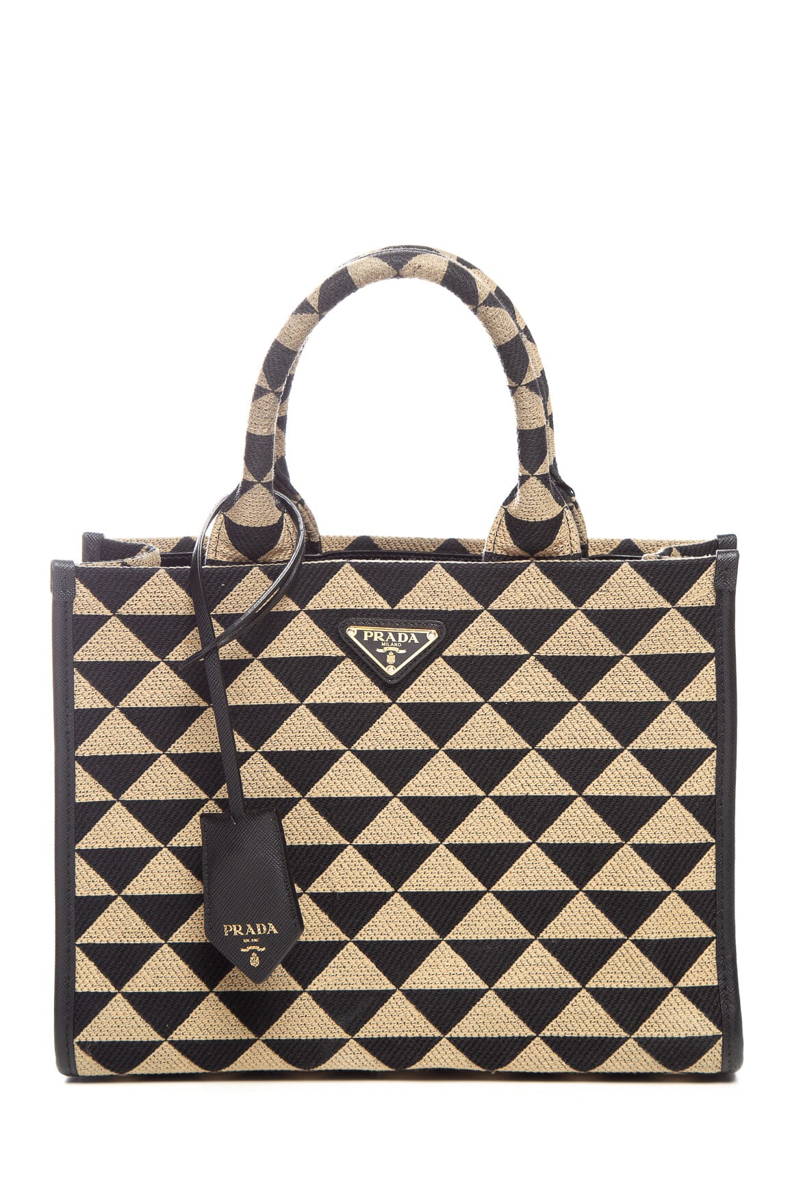 Prada Handbag and Enameled Triangle Symbole Shoulder Bag Metal Black Tan