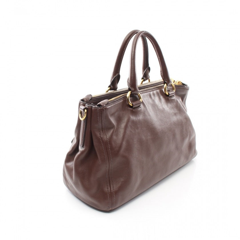 Prada Soft Calf Double Tote Bag Leather Brown Zip