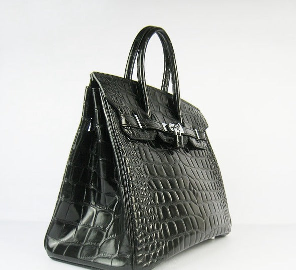 Hermes Luxury Birkin Cm Crocodile Big Veins Handbags Black Silver Travel Bag