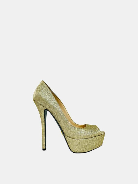 Prada Peep Toe Leather Black Gold Shoes