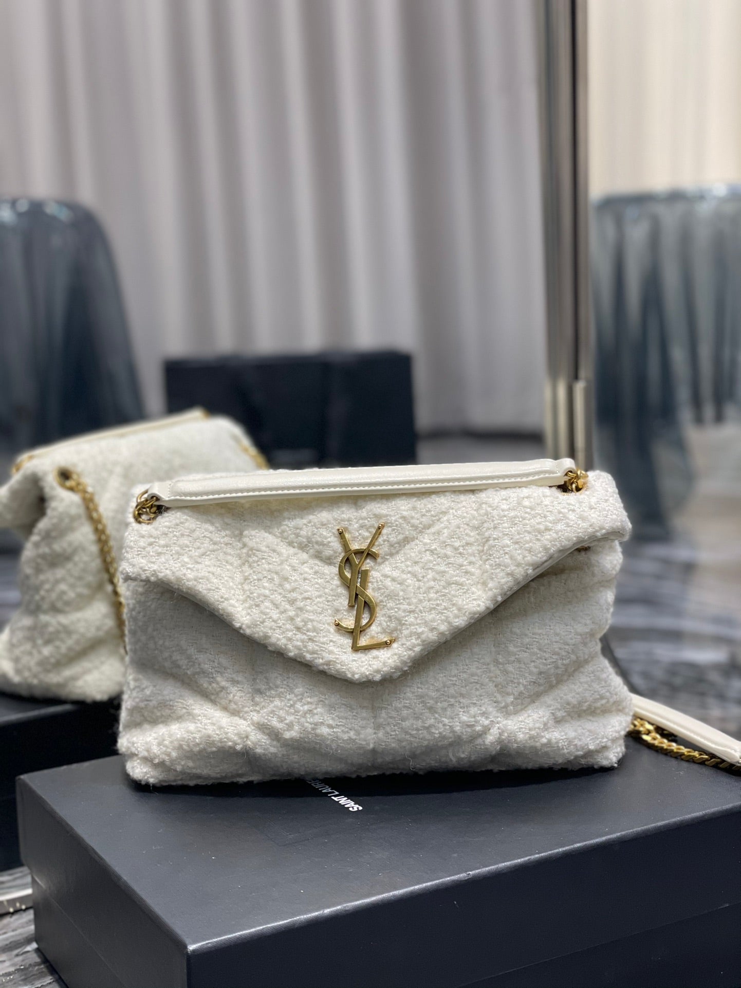 YSL Saint Laurent Puffer , ’s 11in 29cm White Small Chain Handbag