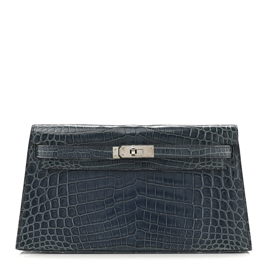 Hermes Shiny Niloticus Crocodile Kelly Elan Pochette Bleu Tempete Travel Bag
