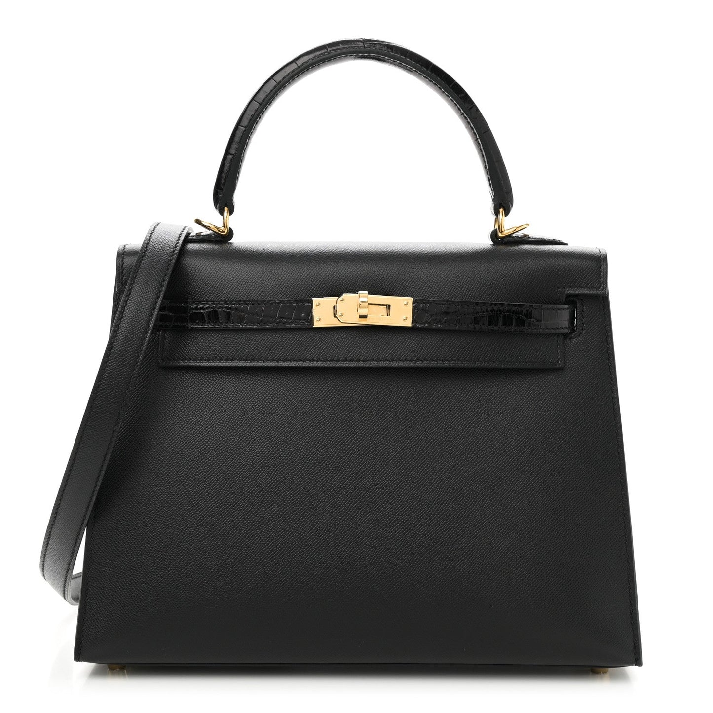 Hermes Madame Calfskin Shiny Niloticus Crocodile Kelly Sellier Touch Black Travel Bag