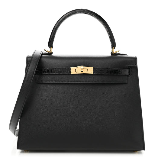 Hermes Madame Calfskin Shiny Niloticus Crocodile Kelly Sellier Touch Black Travel Bag