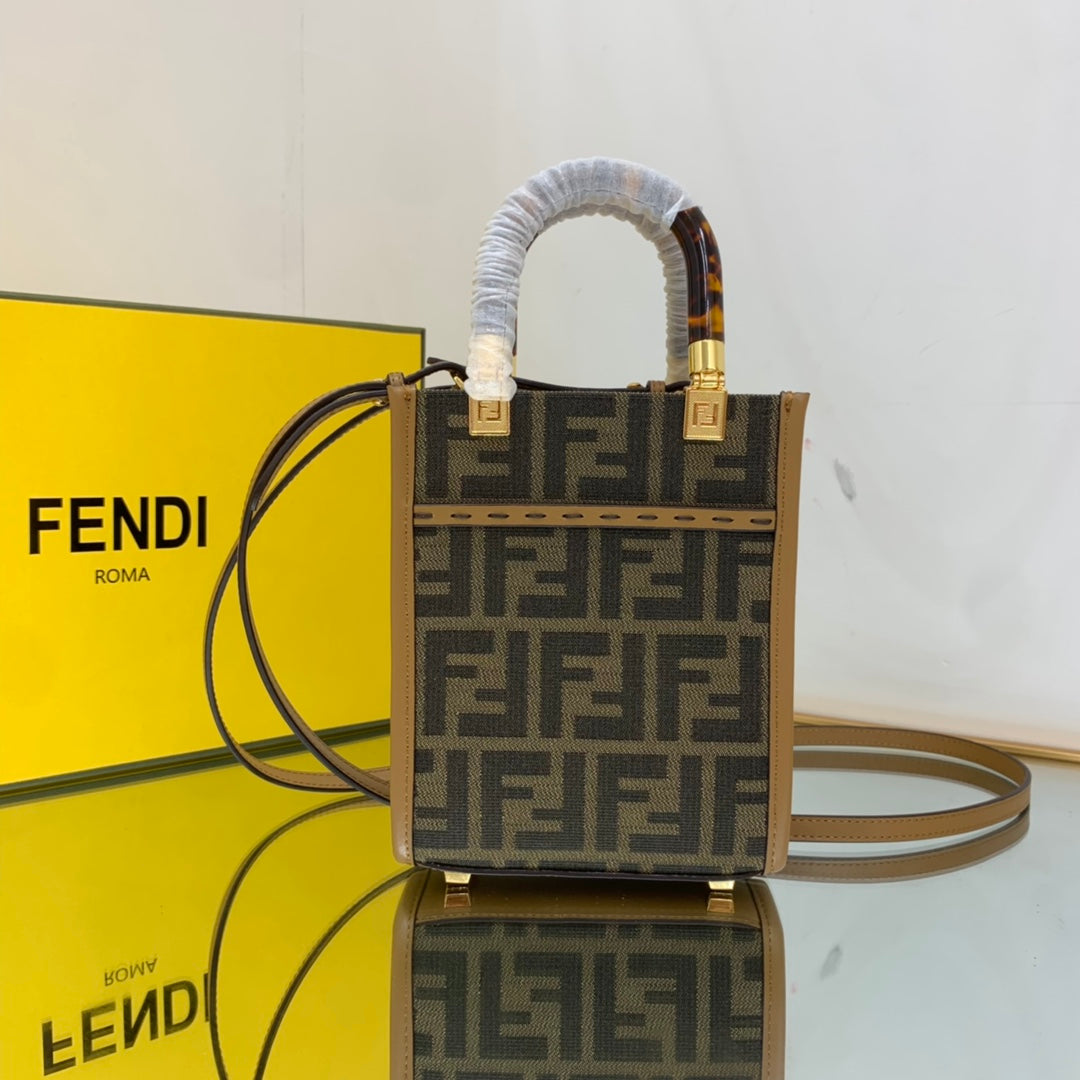 Fendi Top QualityTop Quality Sunshine Shopper Brown Mini FF Tote Bag Bag 13Cm5In
