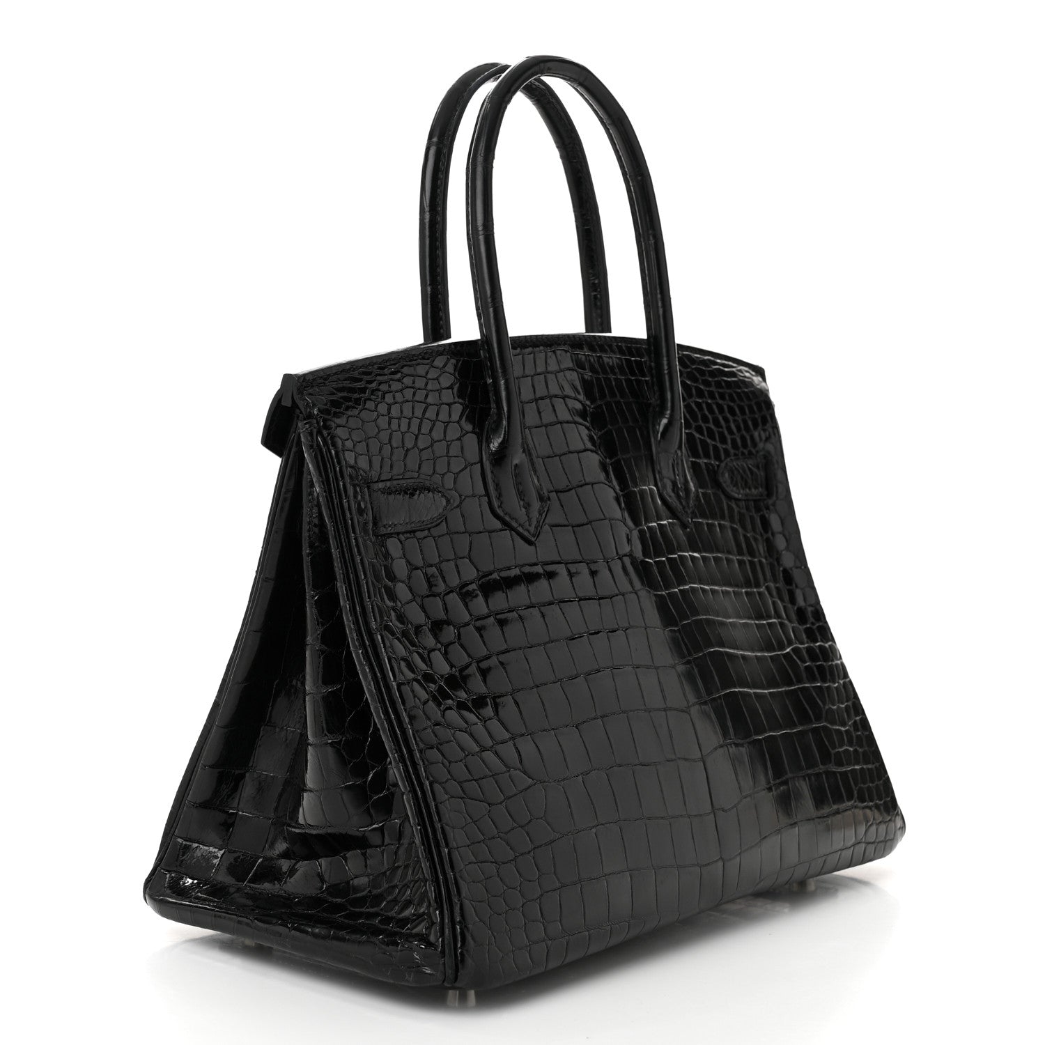 Hermes Shiny Porosus Crocodile Birkin Handbag Black Travel Bag 30 Black 1660674