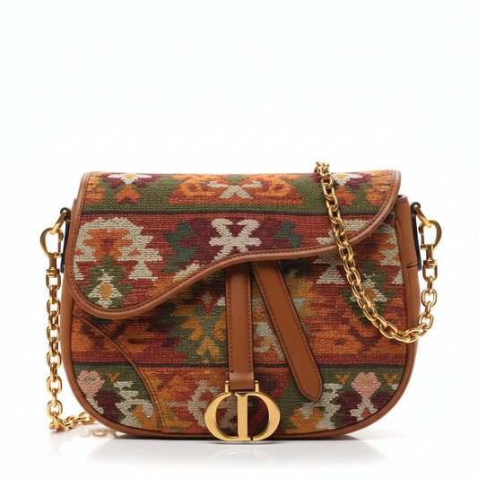 Dior Impression Kilim Tapestry Saddle Bag Canvas Brown Travel Bag