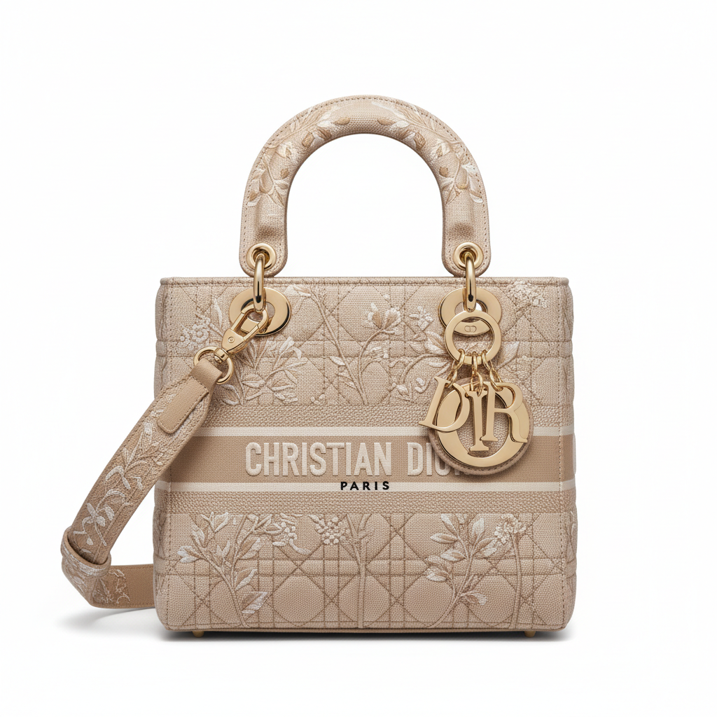 Dior Medium Lady D Lite Embroidered Shoulder Bag Canvas Beige
