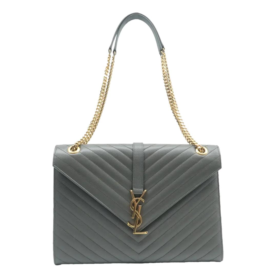 YSL Saint Laurent Saint Envelope Chevron Shoulder Bag Gray Leather Large