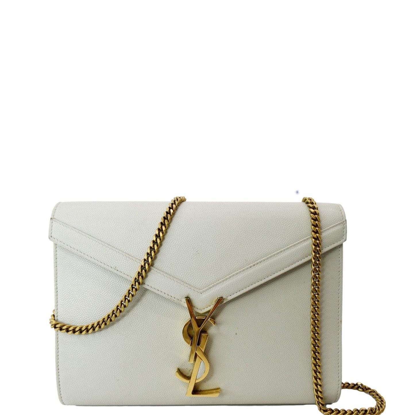 YSL Saint Laurent Yves Cassandra Grain De Poudre Crossbody Bag White Embossed Flap