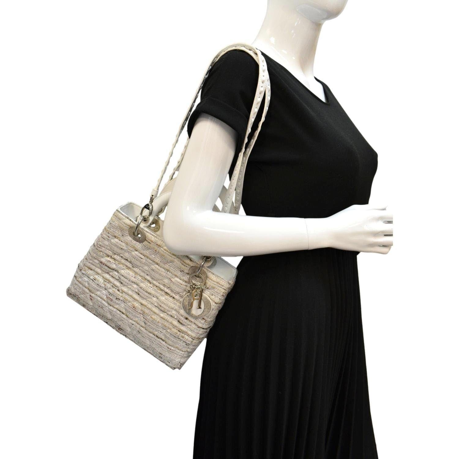 Dior Lady Tweed Shoulder Bag Leather White Medium