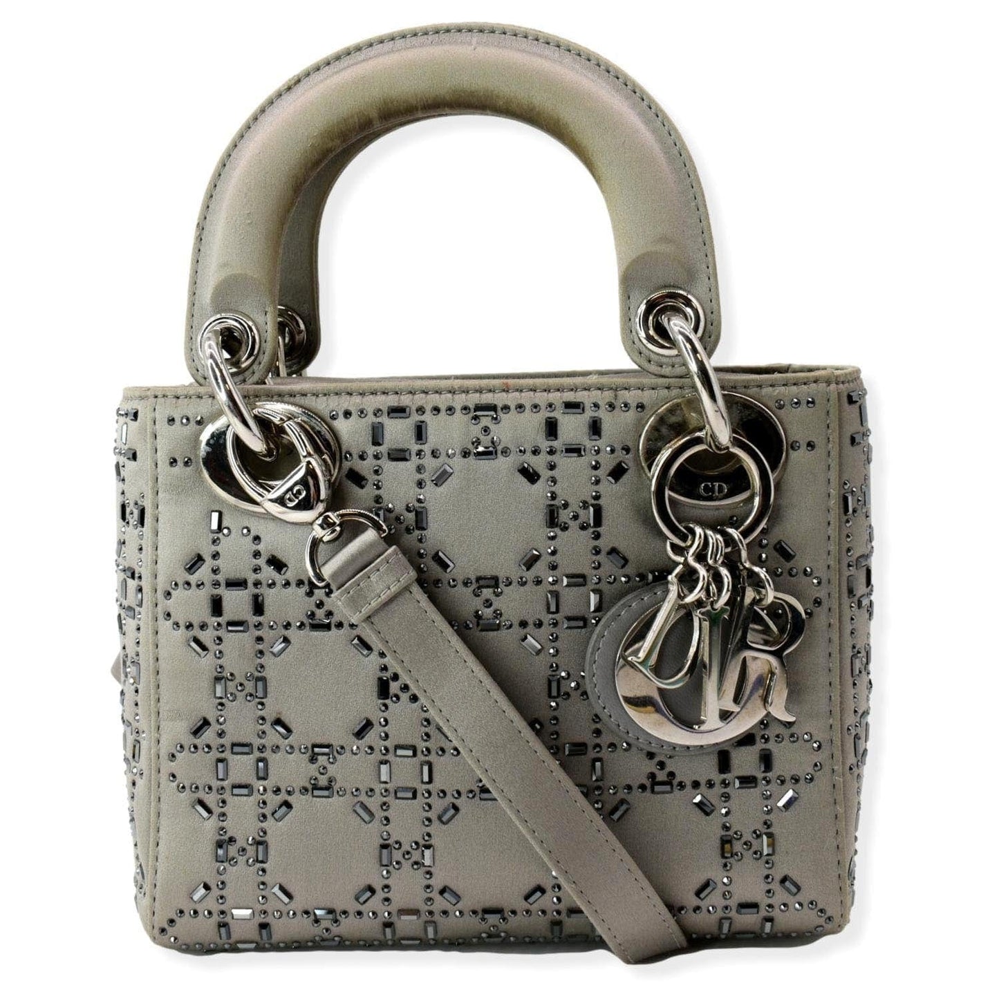 Dior Lady Crystal Embellished Shoulder Bag Gray Satin Mini