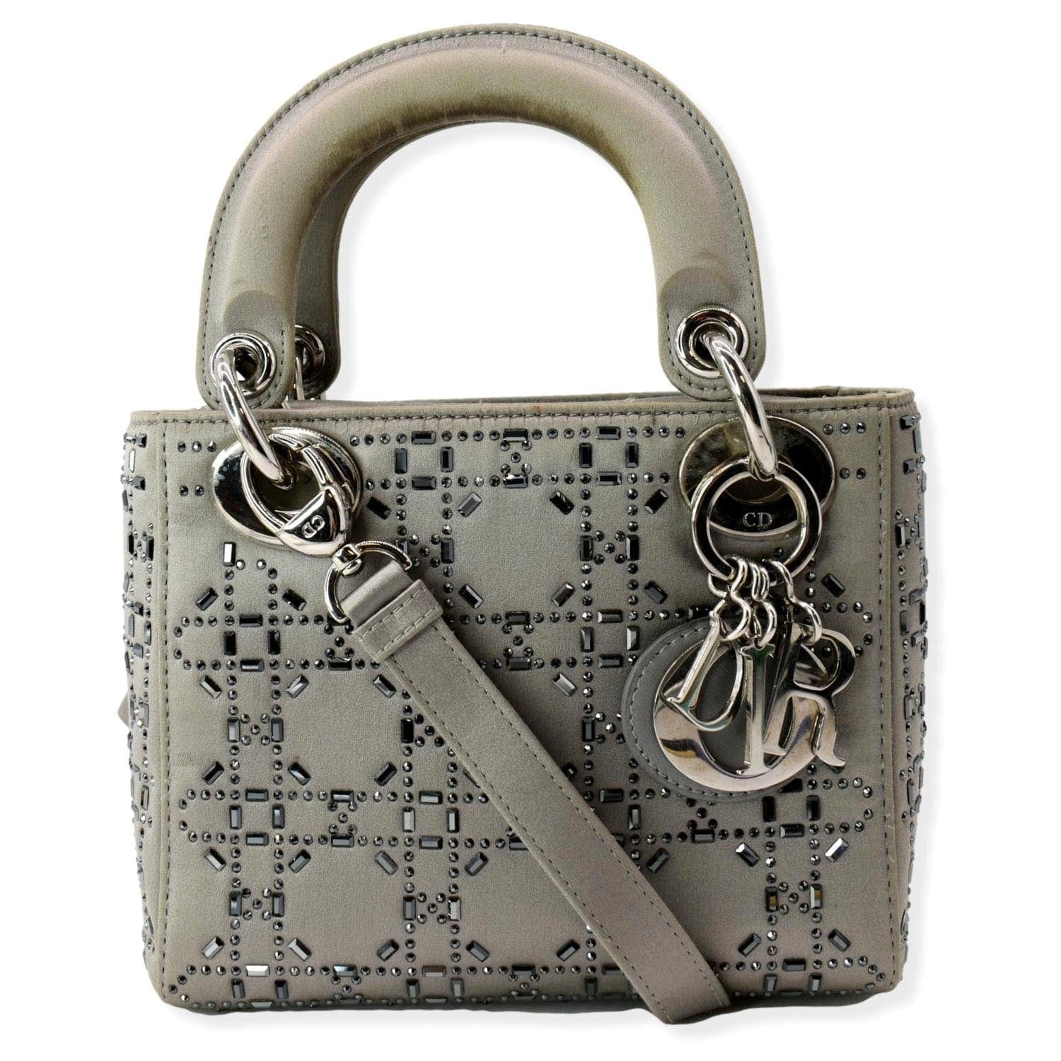 Dior Lady Crystal Embellished Shoulder Bag Gray Satin Mini