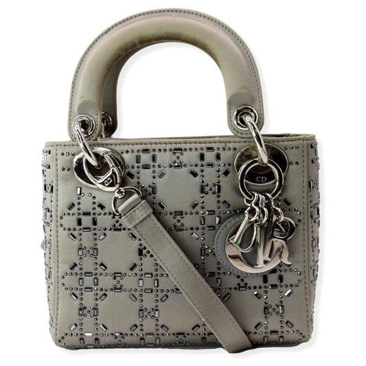 Dior Lady Crystal Embellished Shoulder Bag Gray Satin Mini