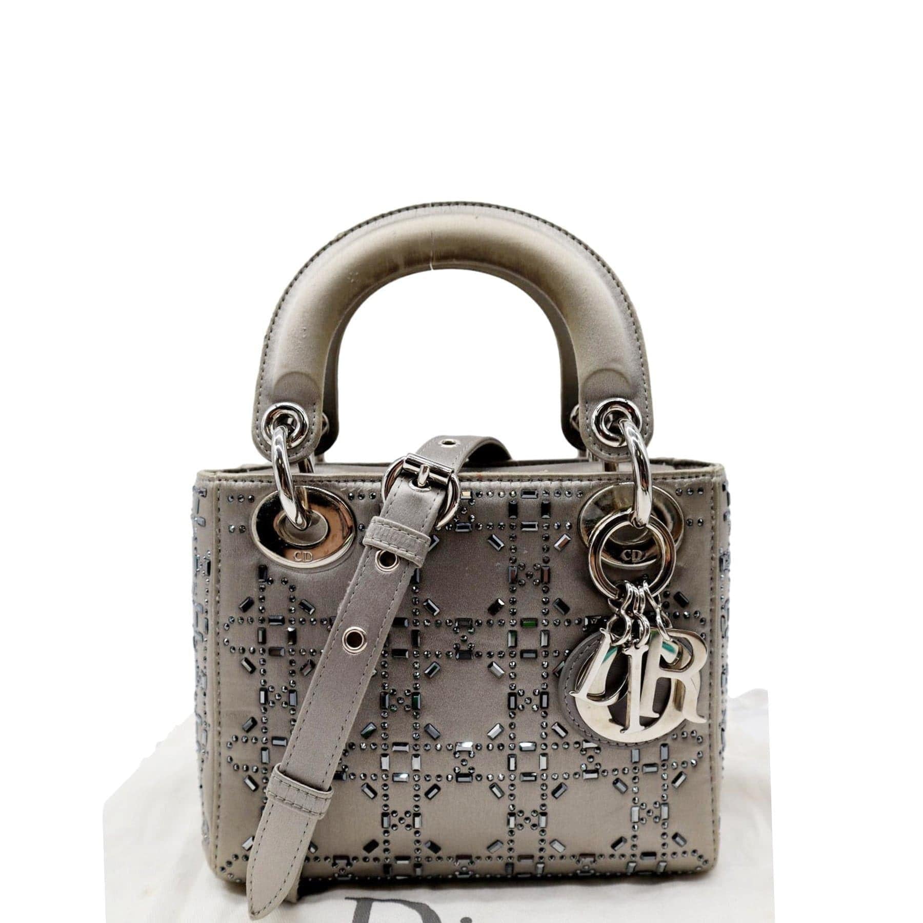 Dior Lady Crystal Embellished Shoulder Bag Gray Satin Mini
