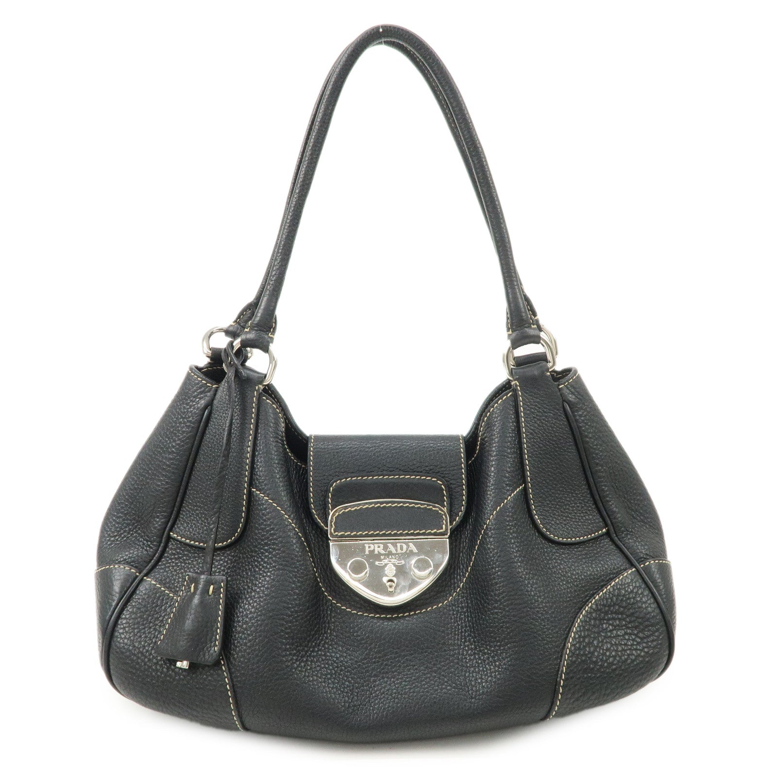 Prada Shoulder Bag Hand Bag Hardware Leather Black Silver