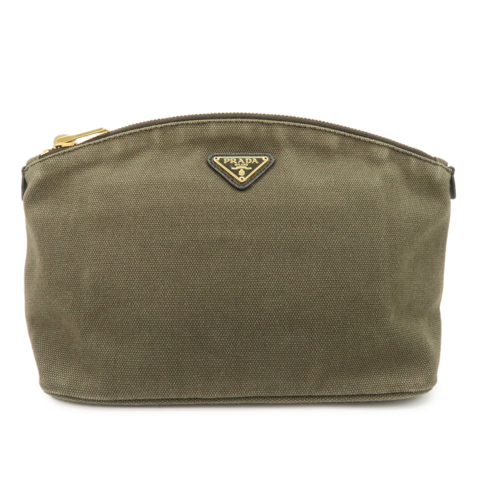 Prada Triangle Cosmetic Pouch Khaki d Leather Canvas Logo Handbag