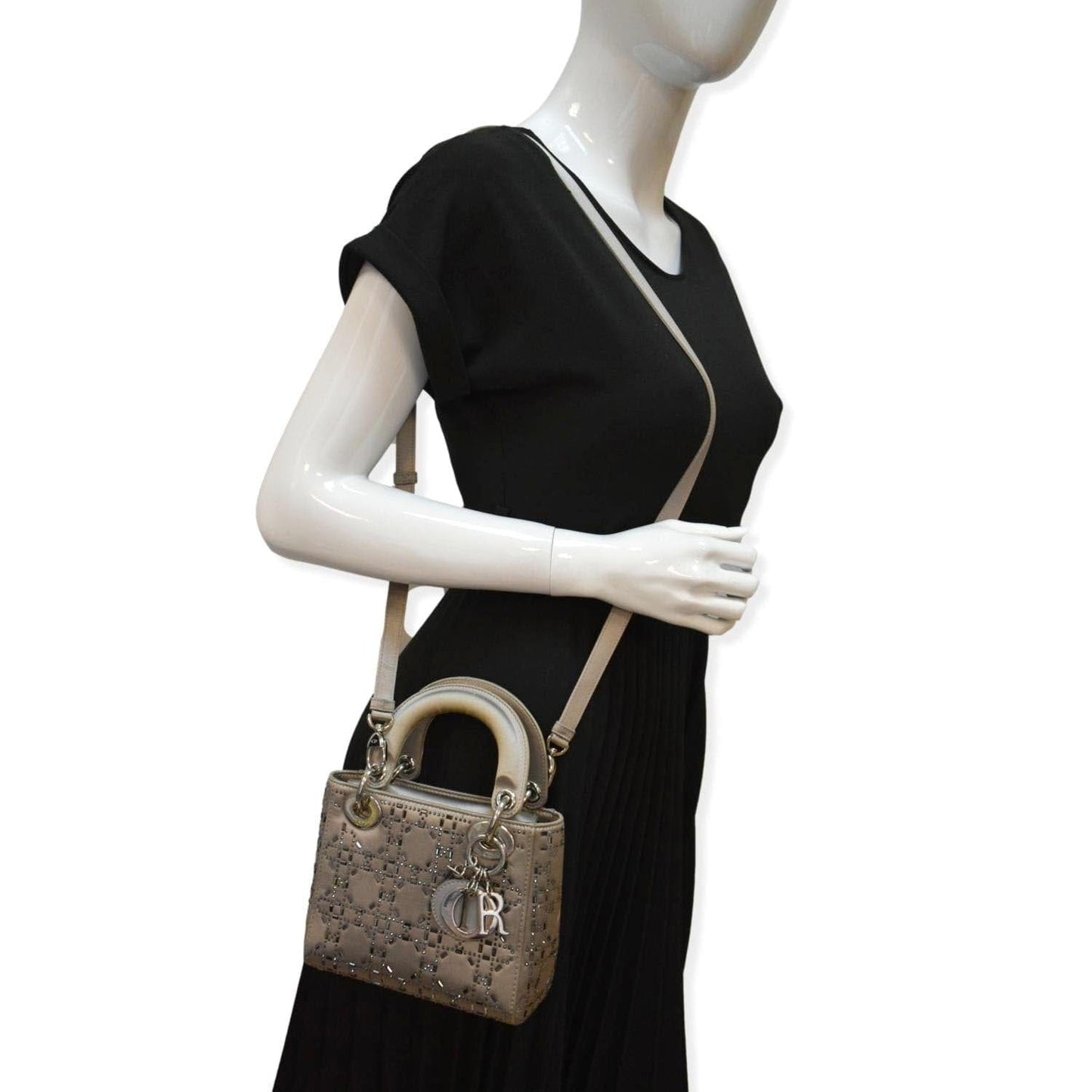 Dior Lady Crystal Embellished Shoulder Bag Satin Gray Mini