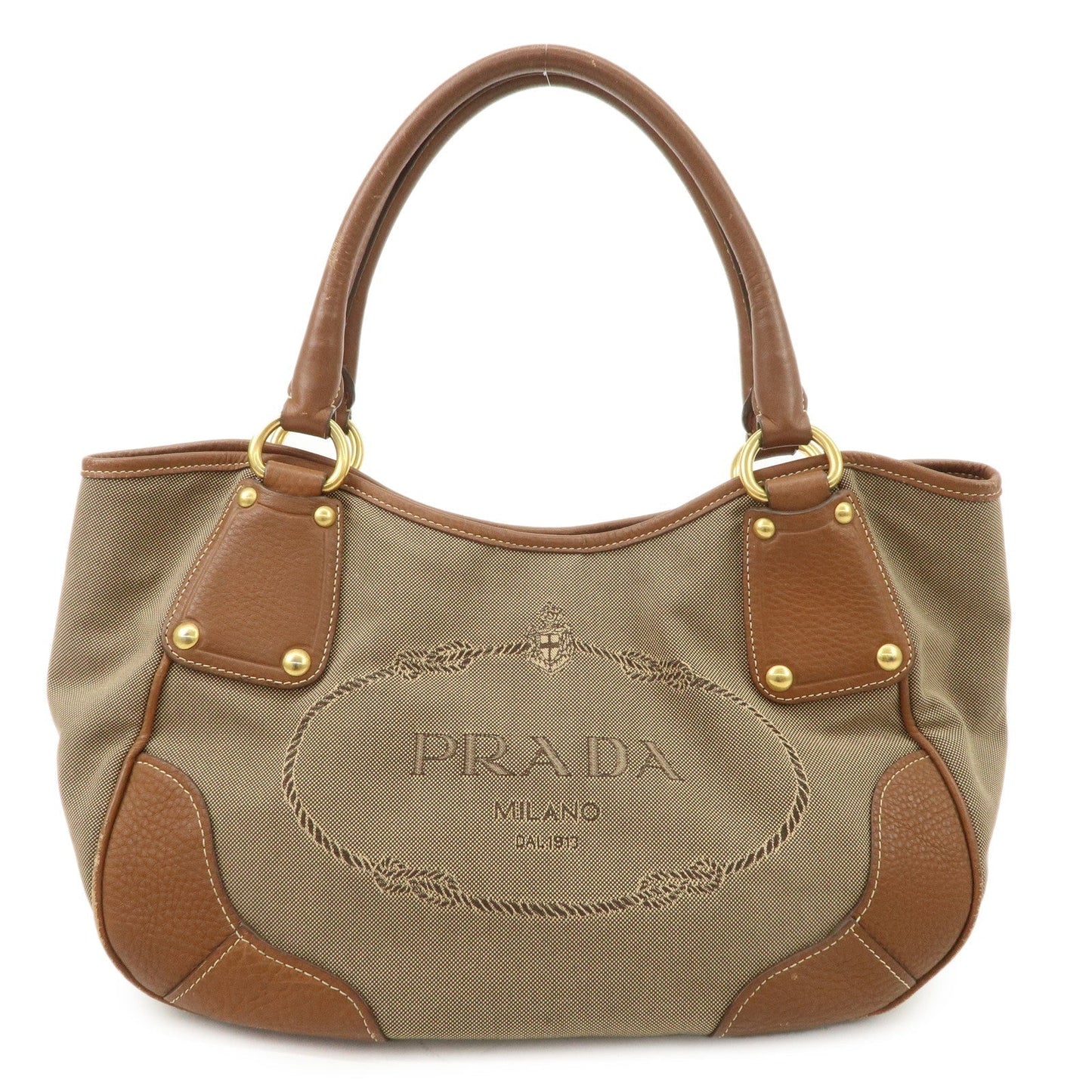Prada Tote Bag Jacquard Hand Bag d Leather Brown Logo