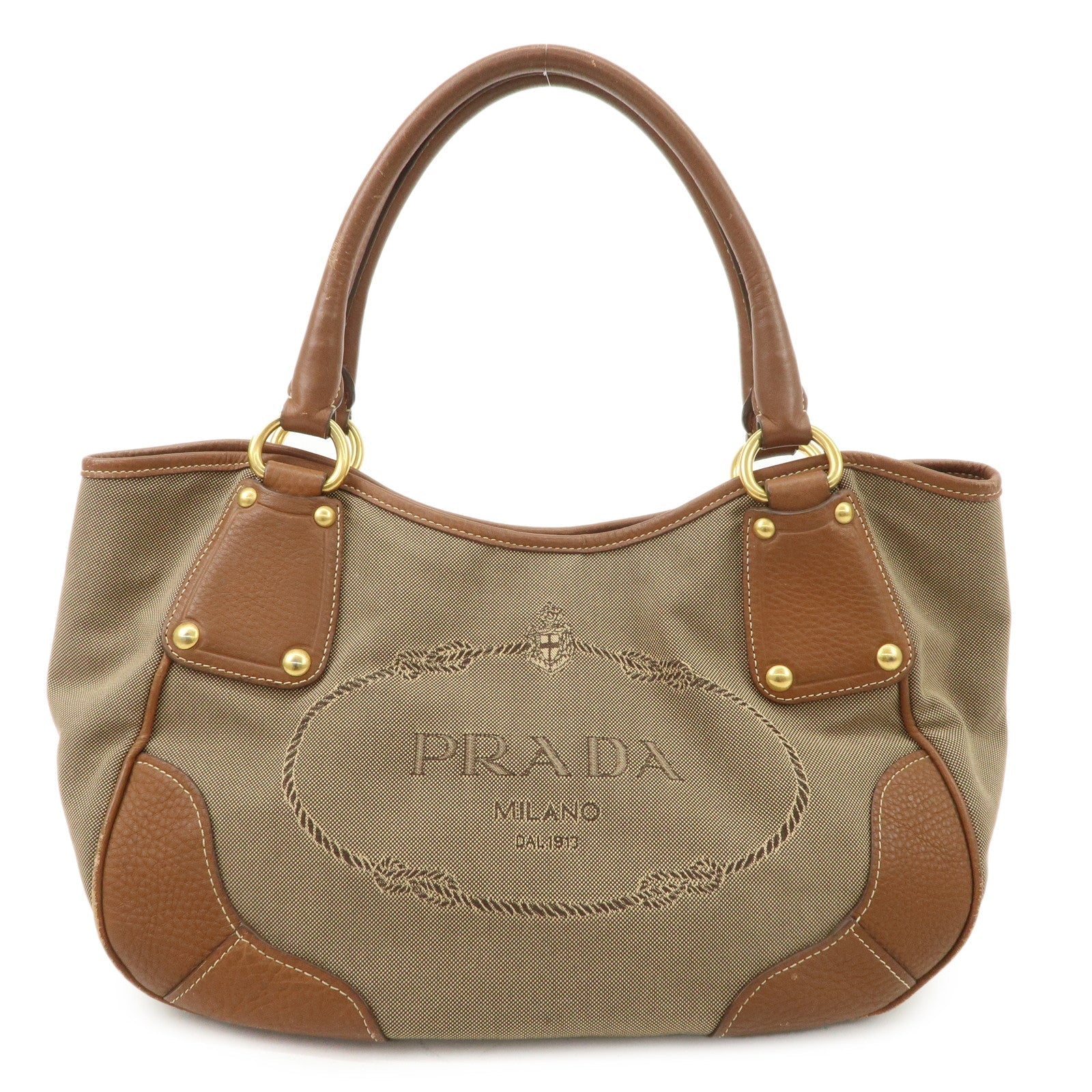 Prada Tote Bag Jacquard Hand Bag d Leather Brown Logo