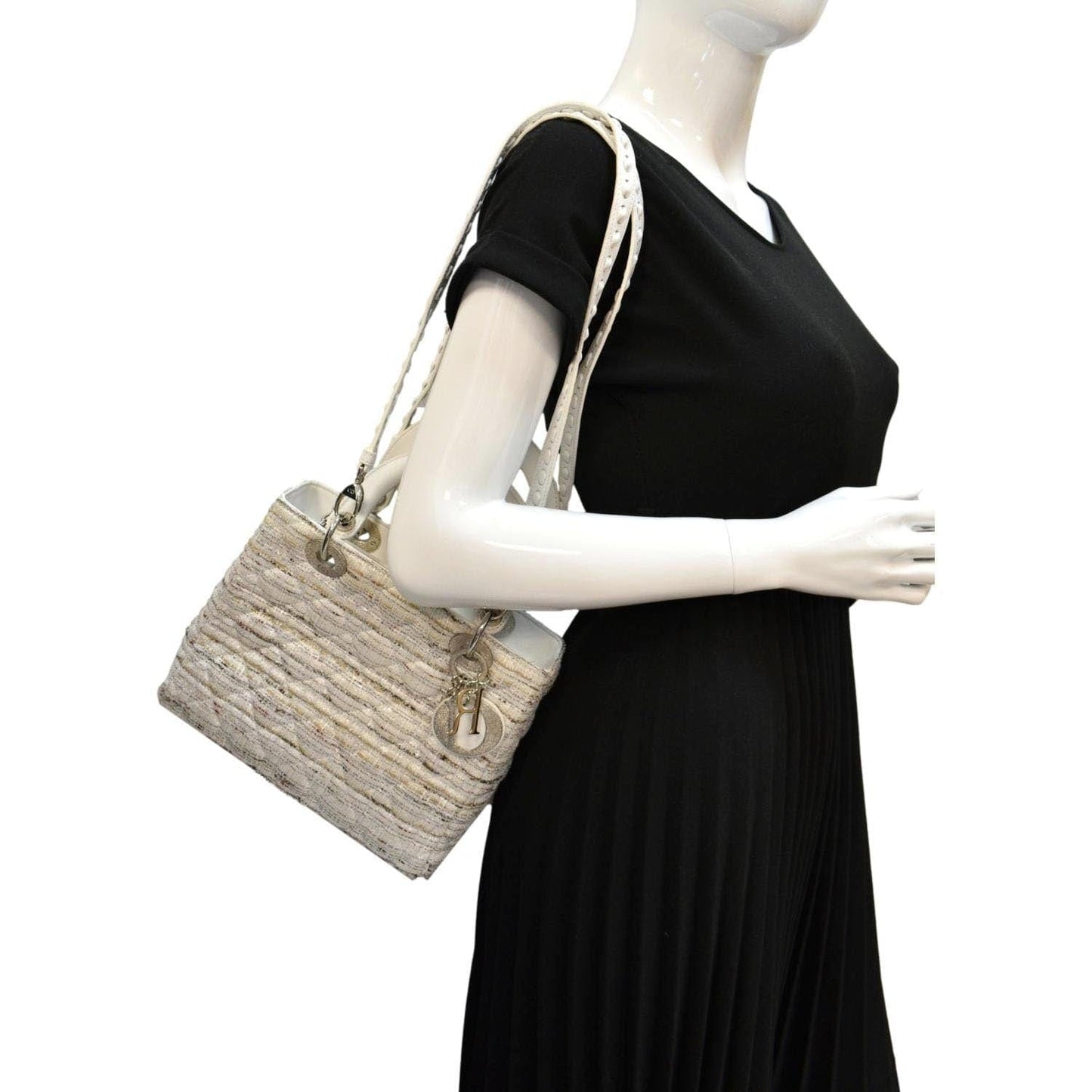 Dior Lady Tweed Shoulder Bag Leather White
