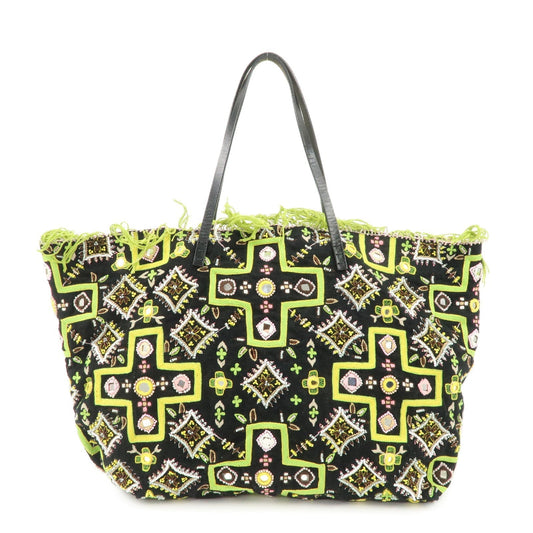 Fendi Tote Bag Beaded Embroidery Hand Bag d Leather Canvas Black