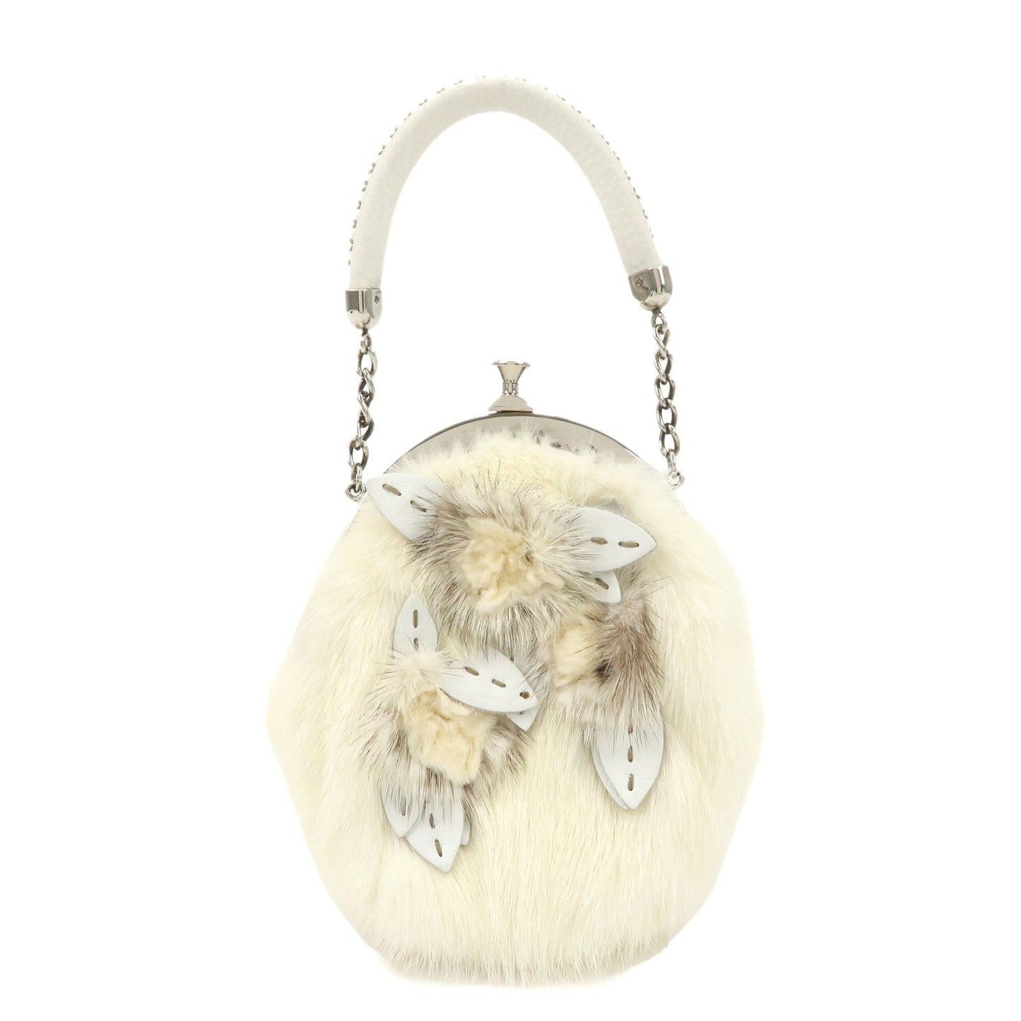 Fendi Seleria Fur Flower Motif Kiss Lock Pouch Hand Leather Handbag