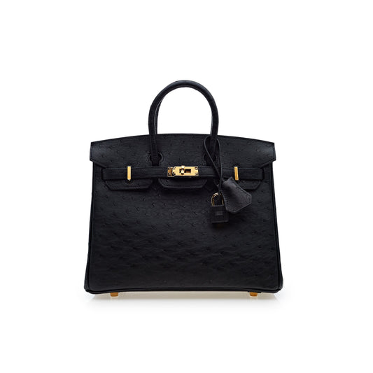 Gucci Hermes Birkin Noir Ostrich Hardware Handbag Leather Gold Travel Bag