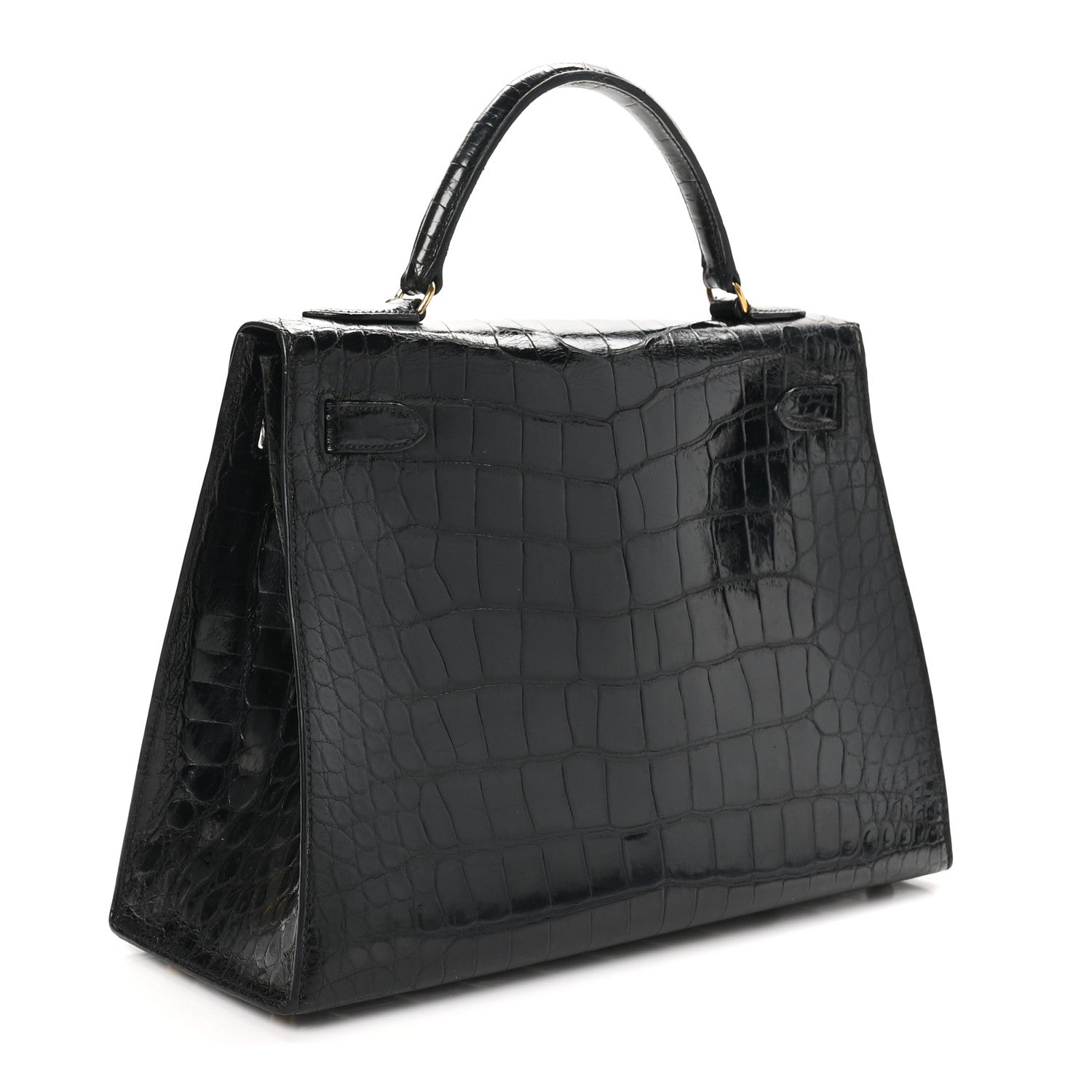 Hermes Shiny Alligator Kelly Sellier Handbag Black Travel Bag