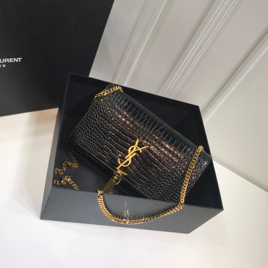 YSL Saint Laurent Kate Tassel Embossed Crocodile 9in Black Medium Chain Handbag