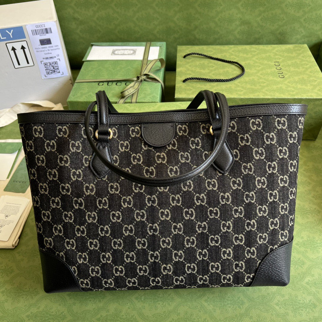 gg Ophidia Web Ivory gg Denim Black Medium Tote Bag