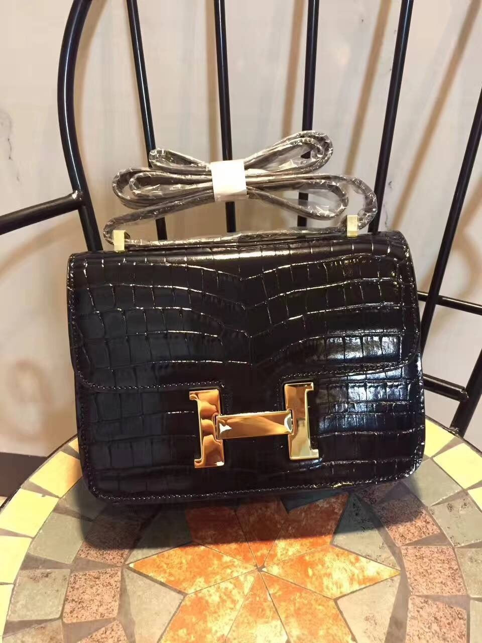 Top Quality Constance Pattern Crocotop Qualityle For Black Shoulder Bag