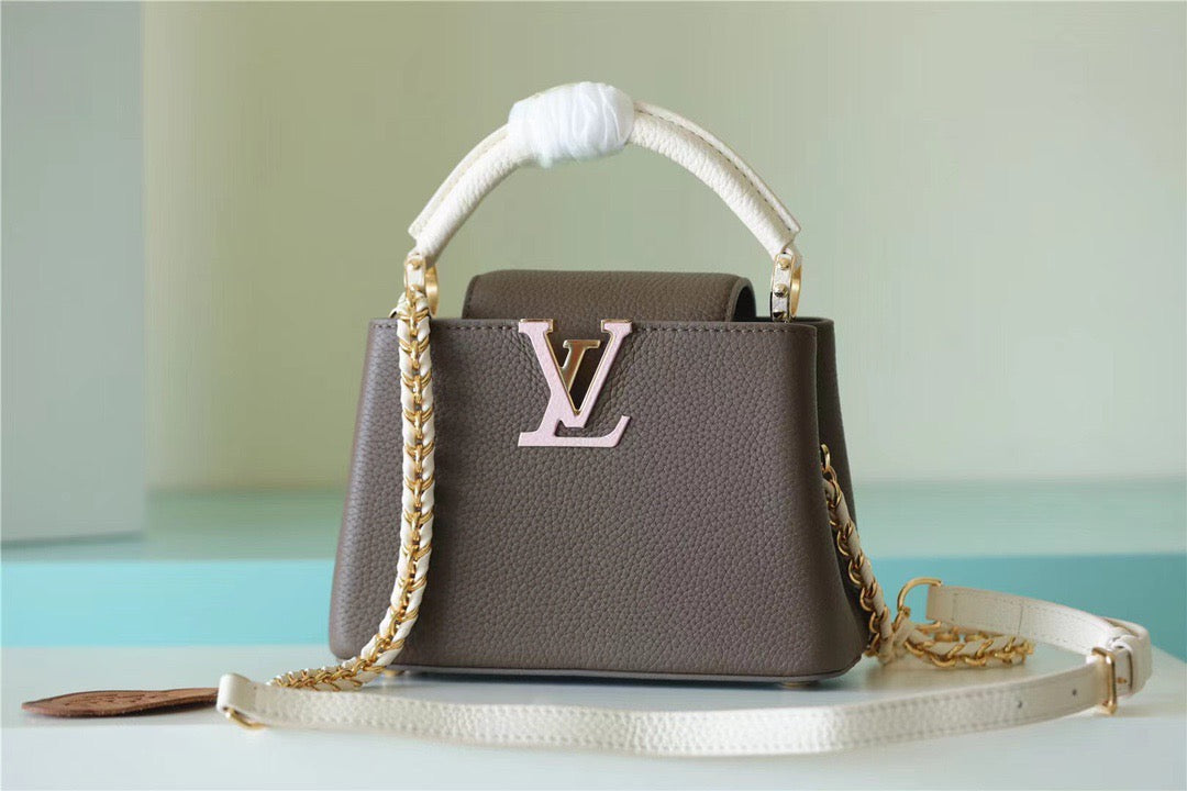 Top Quality Capucines Mini Taurillon Smokey Creme Brown Pink Crossbody Bag