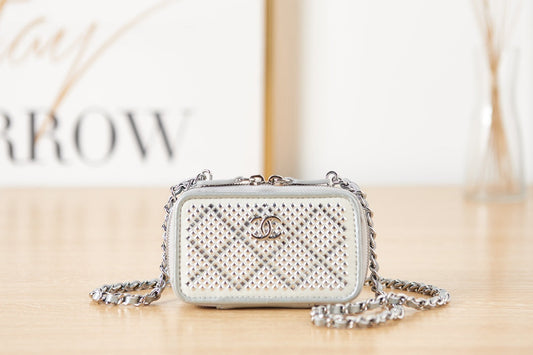 Chanel Crystal Vanity With Chain Bag For Women White Silver Travel Bag